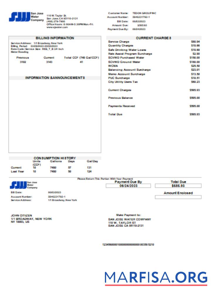 Downloadable San Jose Water utility business bill, SCR template